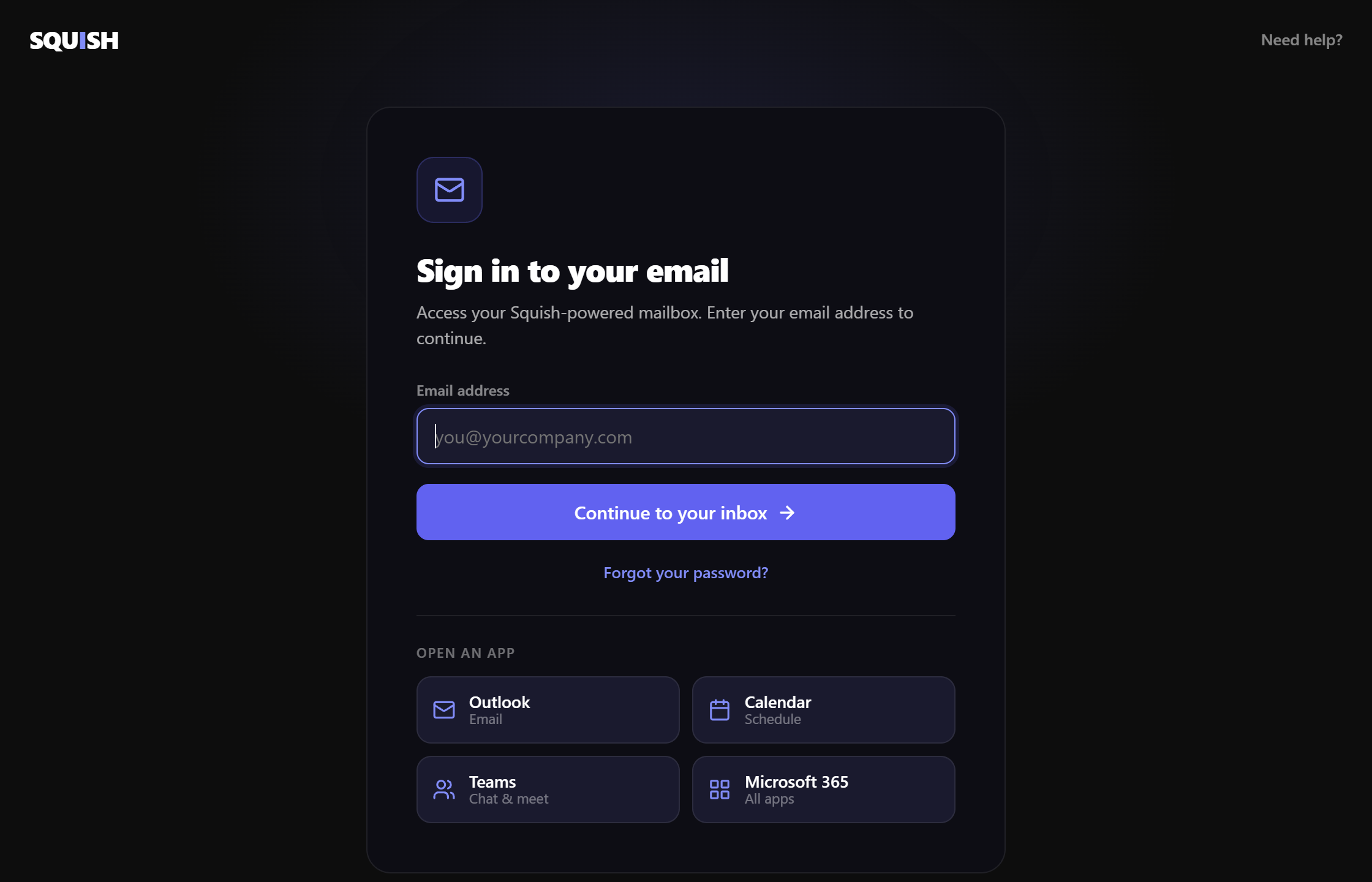 The Squish email sign-in page at email.squish.co