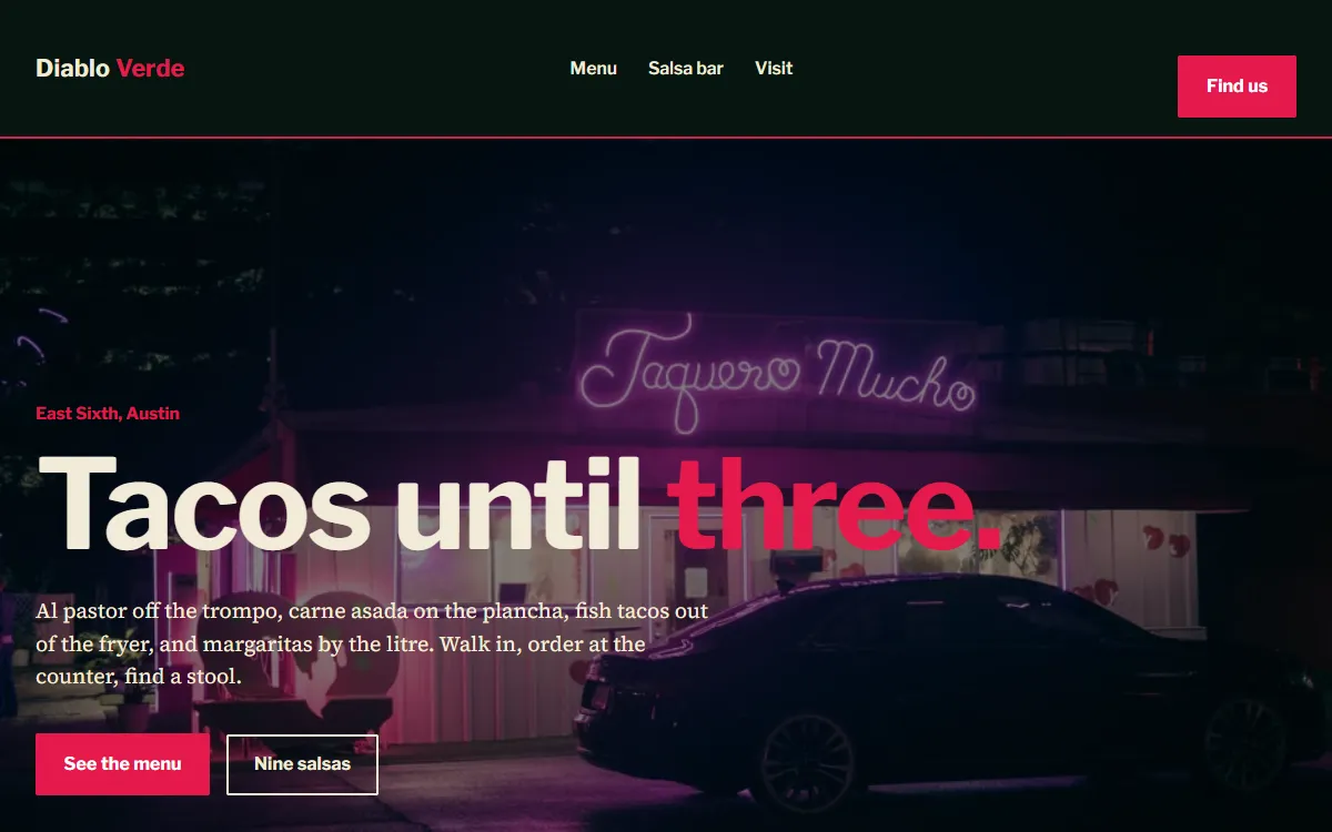 Website Faber built for Diablo Verde, a late-night taqueria. Click to see the whole page.
