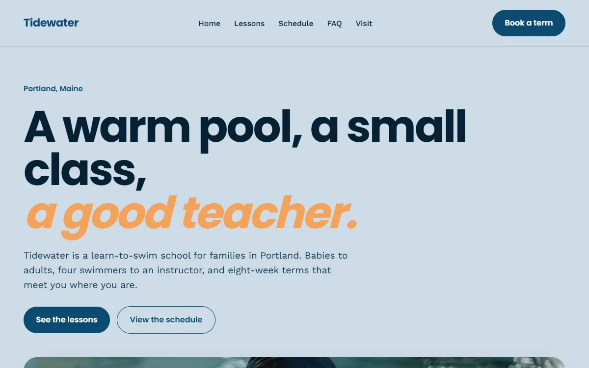 Website Faber built for Tidewater Swim School, a swim school. Click to see the whole page.