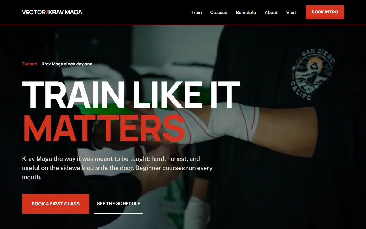 Website Faber built for Vector Krav Maga, a martial arts gym. Click to see the whole page.